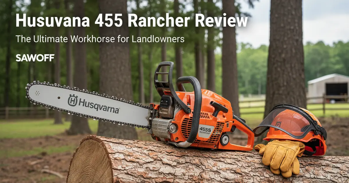 Husqvarna 455 Rancher 55.5cc gas chainsaw being used for heavy-duty property maintenance
