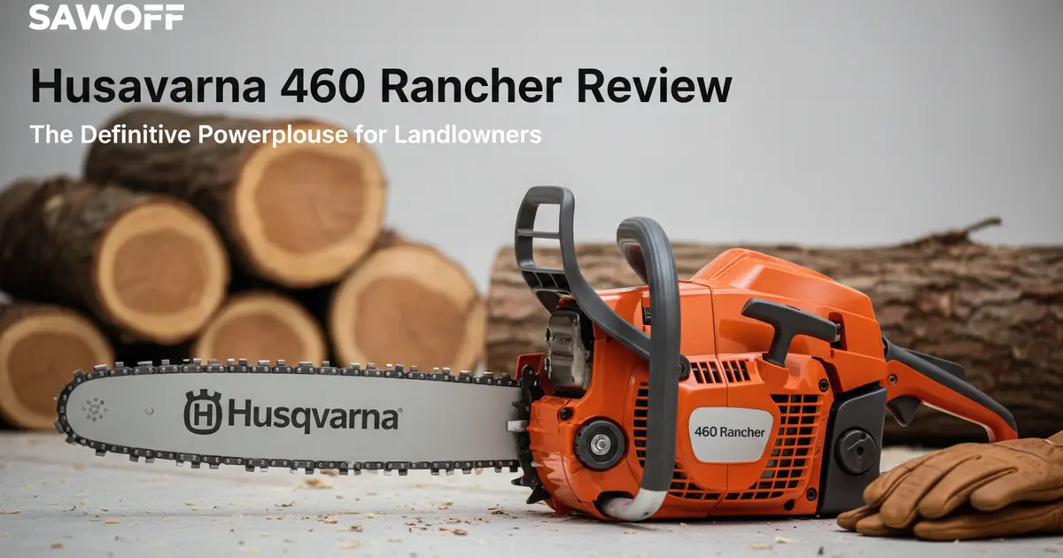Husqvarna 460 Rancher 60cc gas chainsaw resting on a stack of large firewood logs