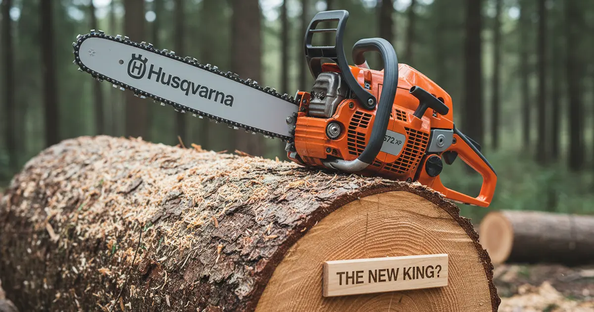 Husqvarna 572 XP professional chainsaw sitting on a freshly cut log