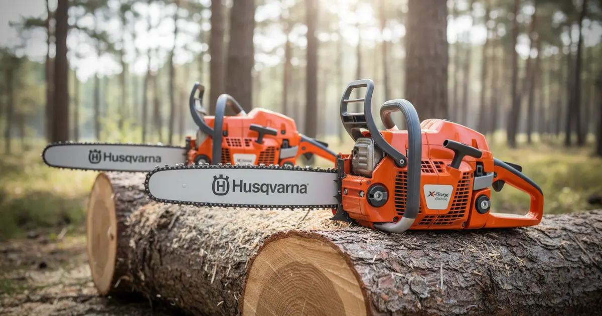 A Husqvarna 450 Rancher sitting on a freshly cut oak log in a forest setting.