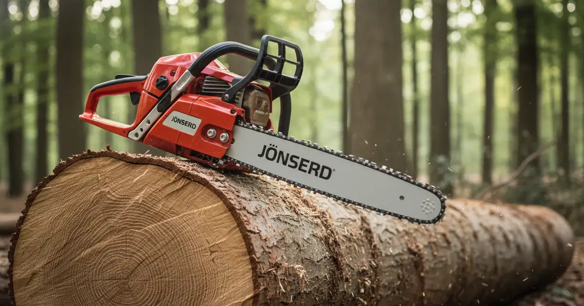 Jonsered 2240 chainsaw resting on a fresh-cut log pile, bar and chain visible.