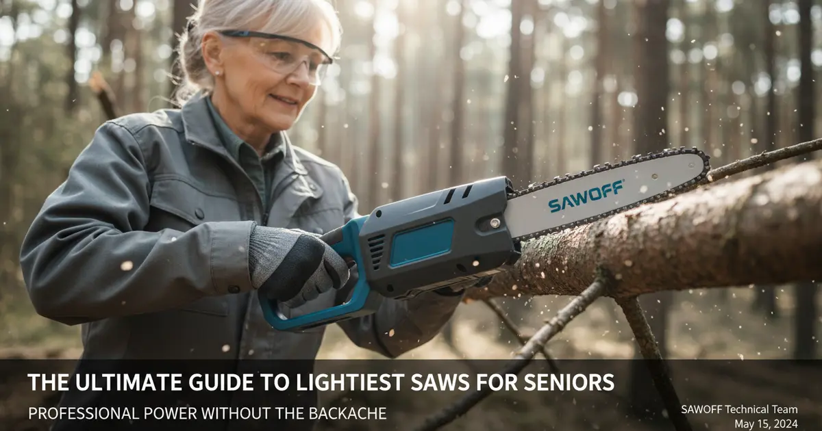 A professional-grade lightweight chainsaw being used for precision limbing by an experienced operator