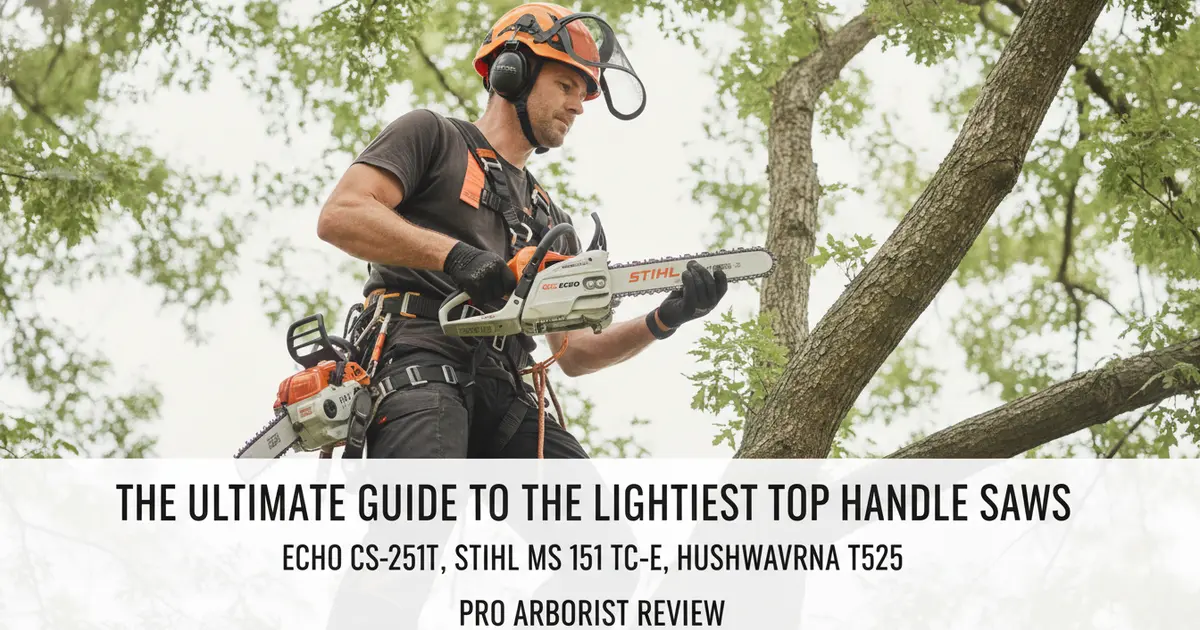 A professional arborist holding a lightweight top handle chainsaw in a tree canopy