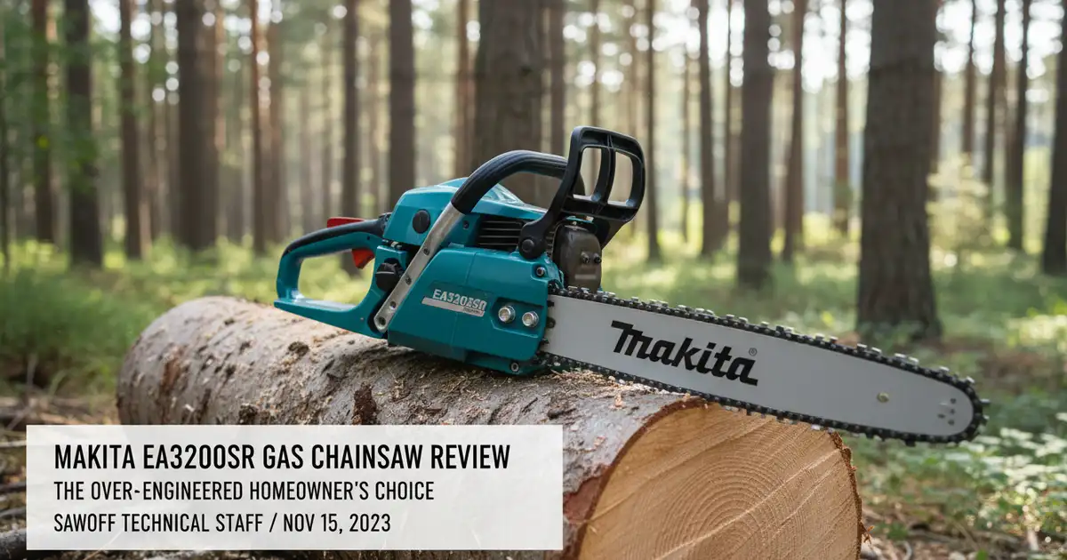 Makita EA3200SR 32cc gas chainsaw resting on a fresh cut log in a backyard