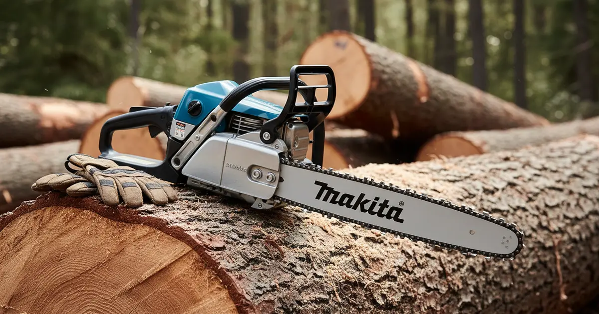 Makita EA6100PR 61cc gas chainsaw on a log with professional-grade magnesium crankcase