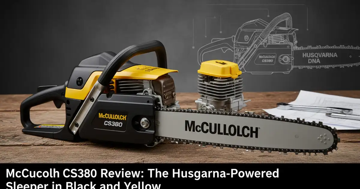 McCulloch CS 380 chainsaw positioned on a cut log, showing the bar and chain.