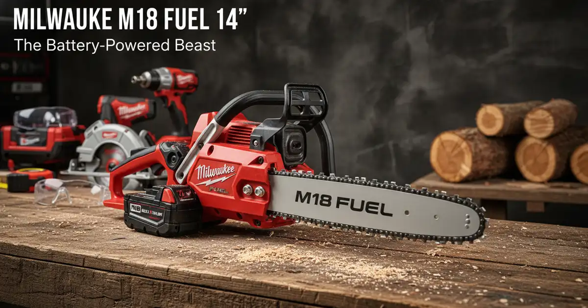 Milwaukee M18 Fuel 14-inch cordless chainsaw bucking a 10-inch frozen maple log
