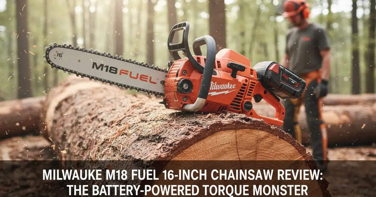 Milwaukee M18 Fuel 16-inch cordless chainsaw cutting through a large cedar log