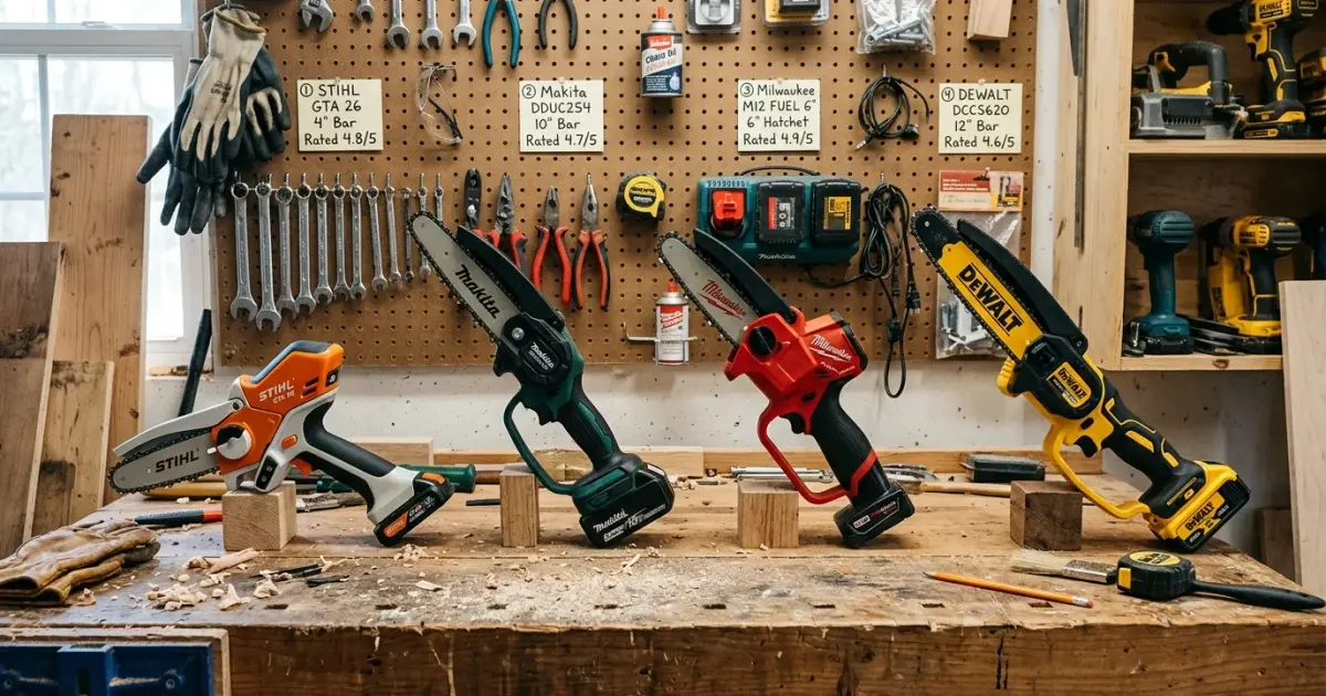 A selection of top-rated mini chainsaws on a workbench