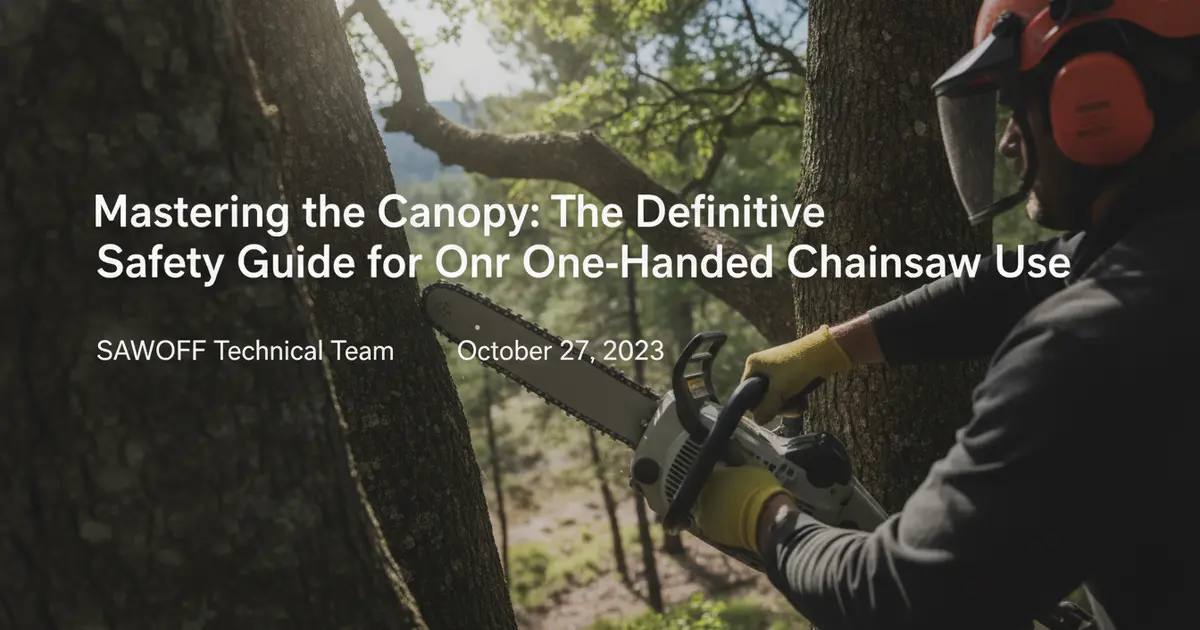 A professional arborist using a top-handle chainsaw for precision pruning in a tree canopy.