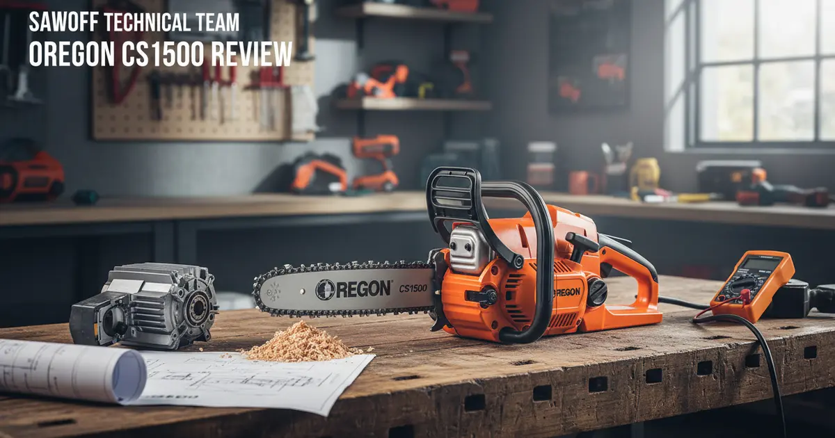 Oregon CS1500 Corded Electric Chainsaw in a workshop setting