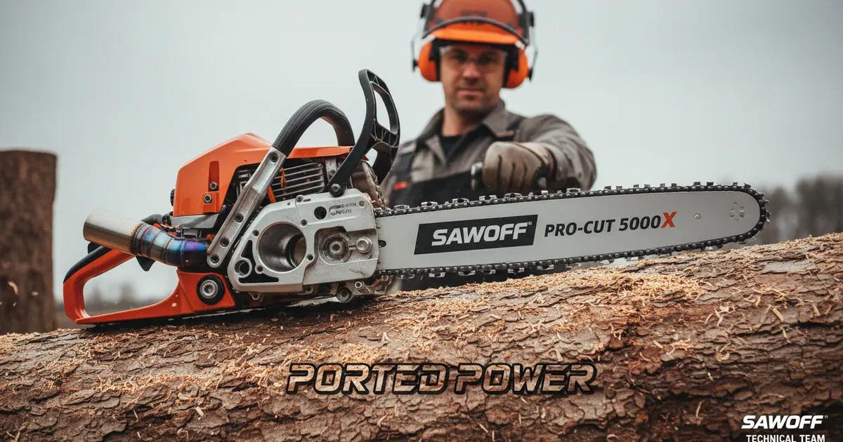 Close-up of a chainsaw cylinder being ported with a die grinder, showing the intake and exhaust ports.