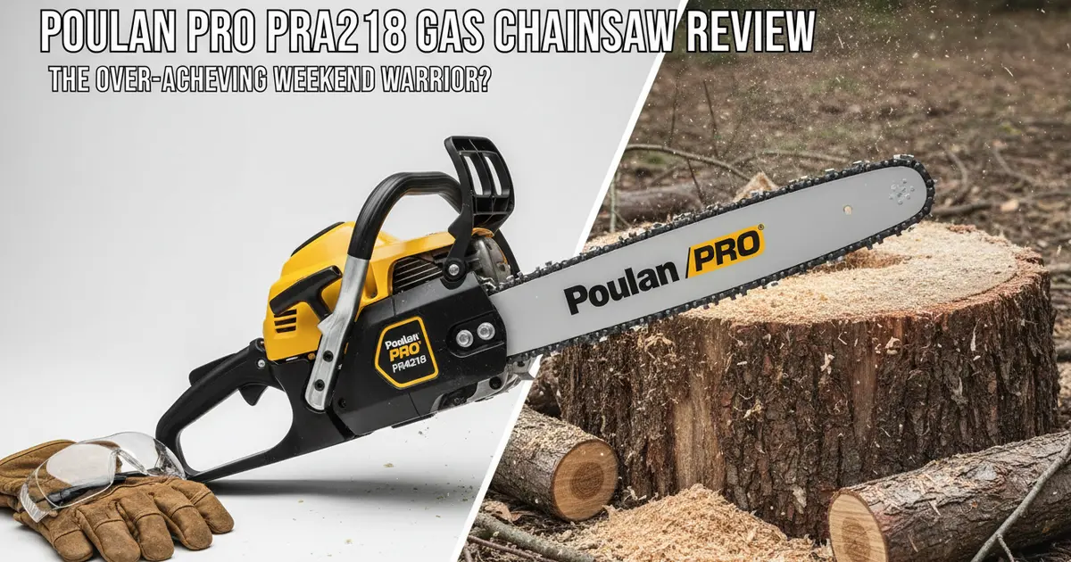 Poulan Pro PR4218 chainsaw resting on a pile of cut firewood.