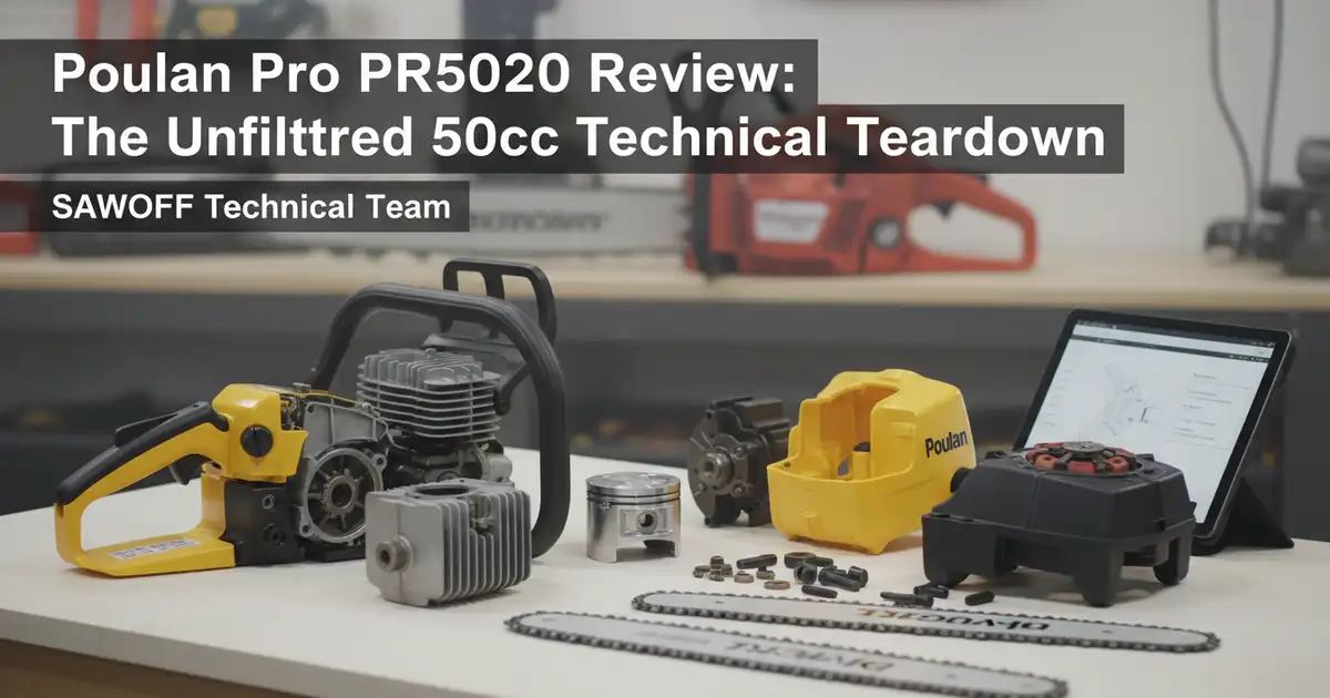 Poulan Pro PR5020 chainsaw bucking a large log in a forest setting.