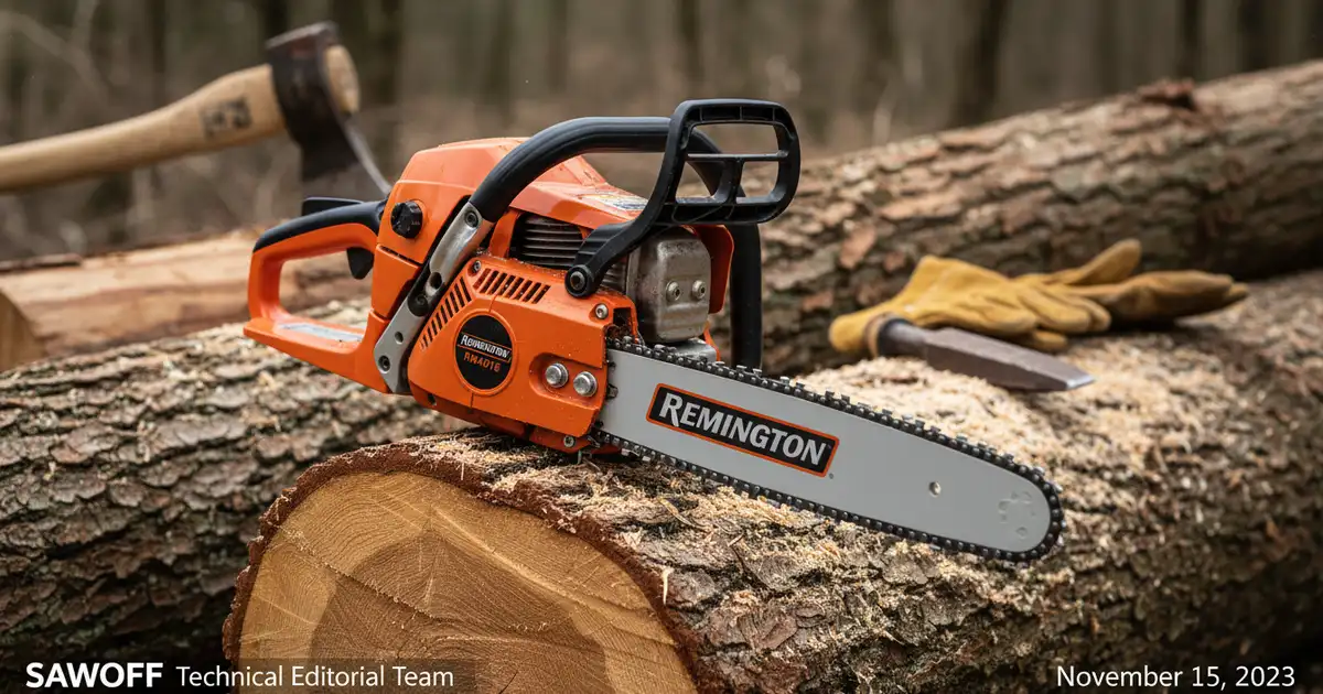 Remington RM4618 Ranger 46cc gas chainsaw resting on a freshly cut oak log