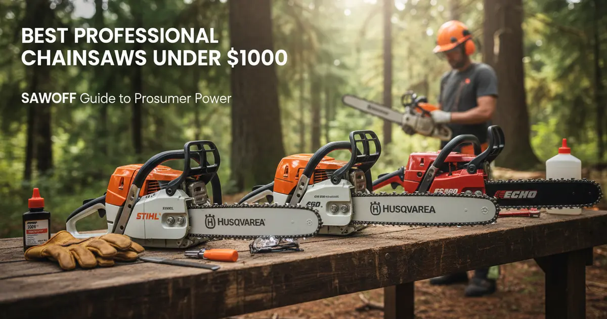 A professional arborist evaluating high-performance chainsaws in a forest setting.