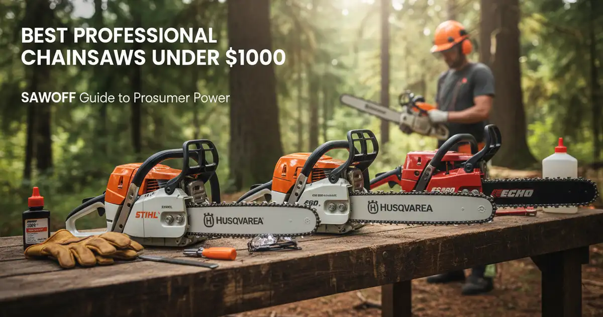 A professional arborist evaluating high-performance chainsaws in a forest setting.