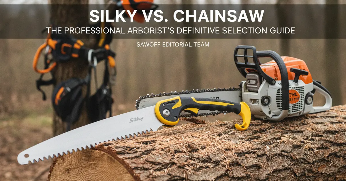 A Silky Katanaboy 650 resting next to a Stihl gas chainsaw on a freshly cut oak log.