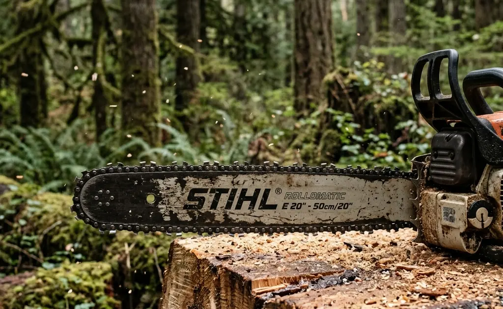 The Skip Tooth Chains Pro professional gas chainsaw resting on a large oak log