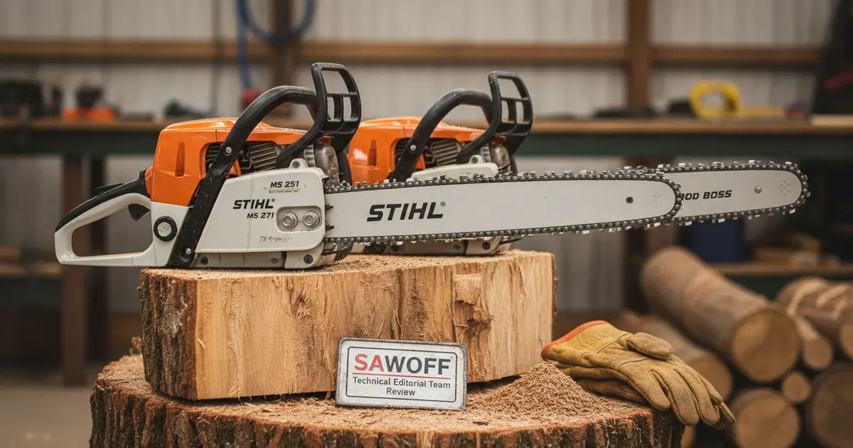 Stihl MS 271 Farm Boss and MS 251 Wood Boss resting on a split oak log