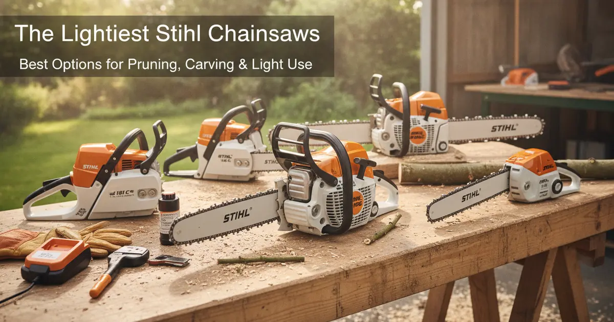 A selection of Stihl lightweight chainsaws including the MS 151 and MS 194 T on a workbench