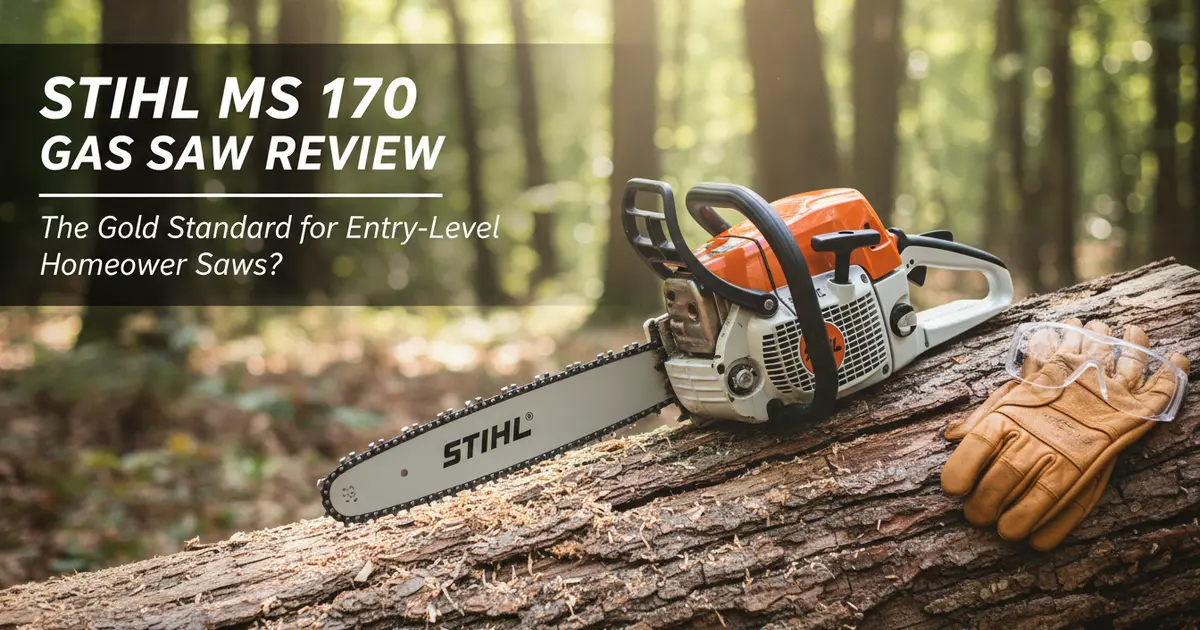Stihl MS 170 compact gas chainsaw being used for light pruning and firewood cutting