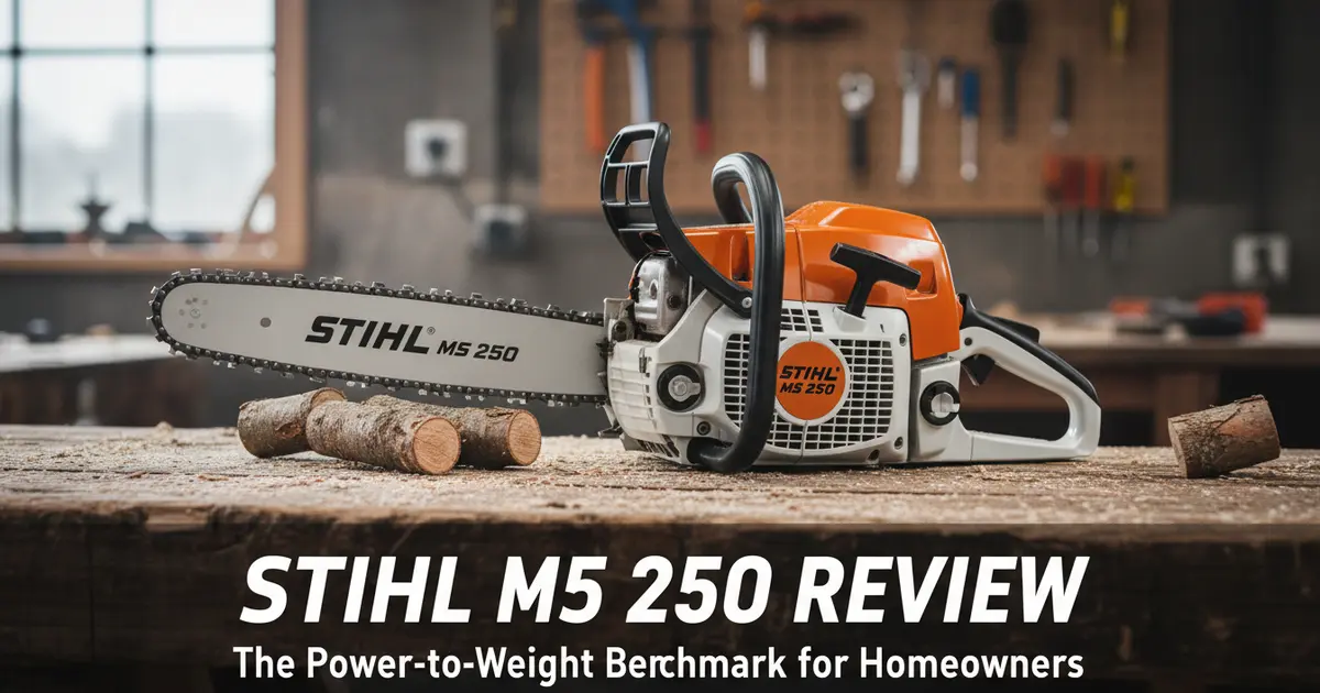 Stihl MS 250 mid-range gas chainsaw resting on a freshly cut maple log