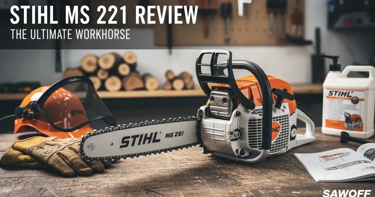 Stihl MS 291 mid-range prosumer gas chainsaw with 55.5cc engine on a cedar log