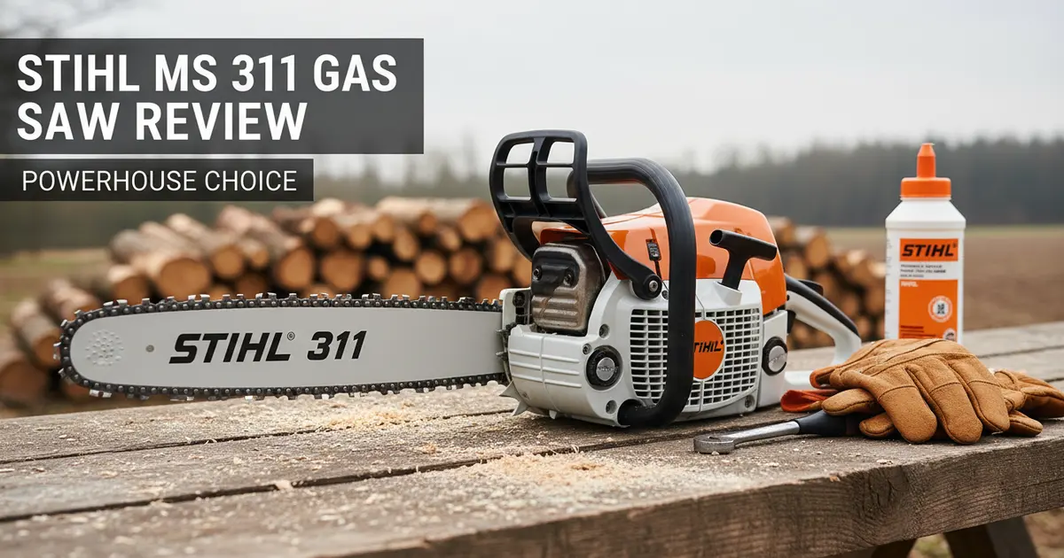 Stihl MS 311 high-torque farm and ranch gas chainsaw resting on a large oak log
