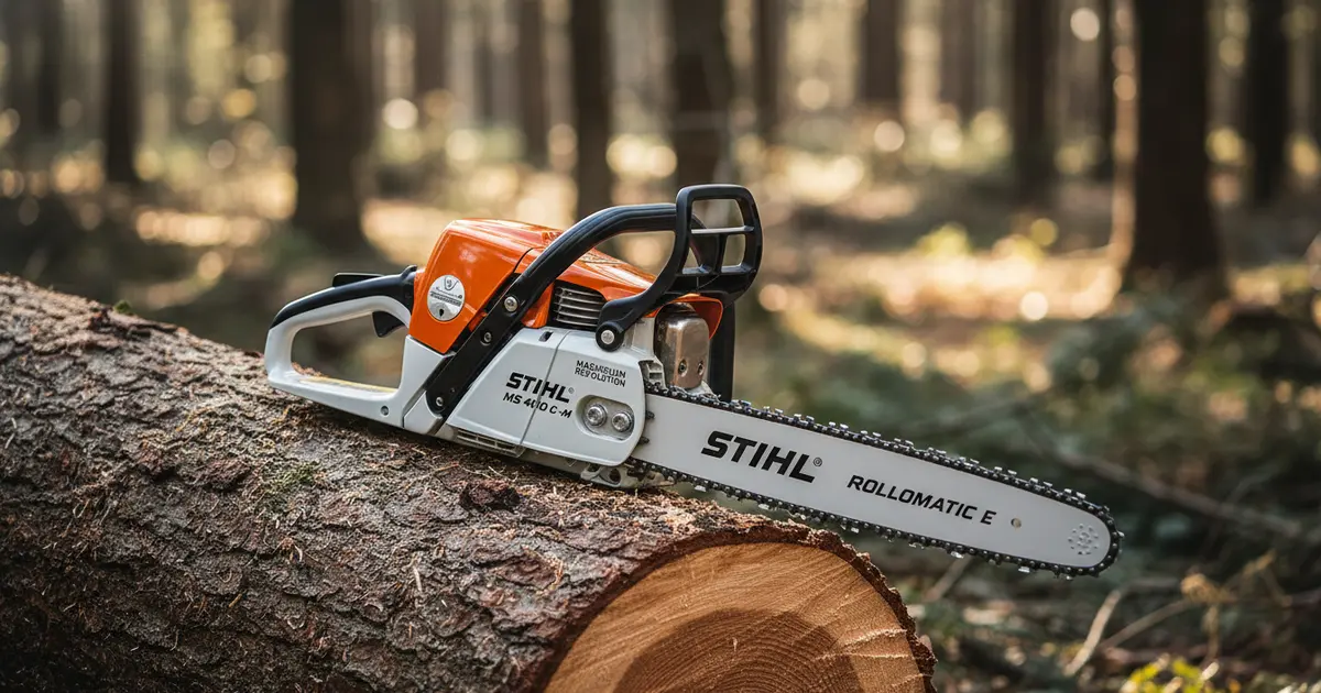 Stihl MS 400 C-M professional chainsaw resting on a large hardwood log