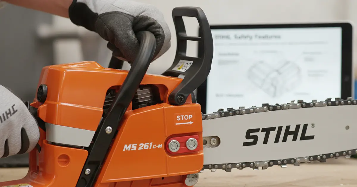 A professional arborist inspecting the Quickstop chain brake on a Stihl MS 261 C-M