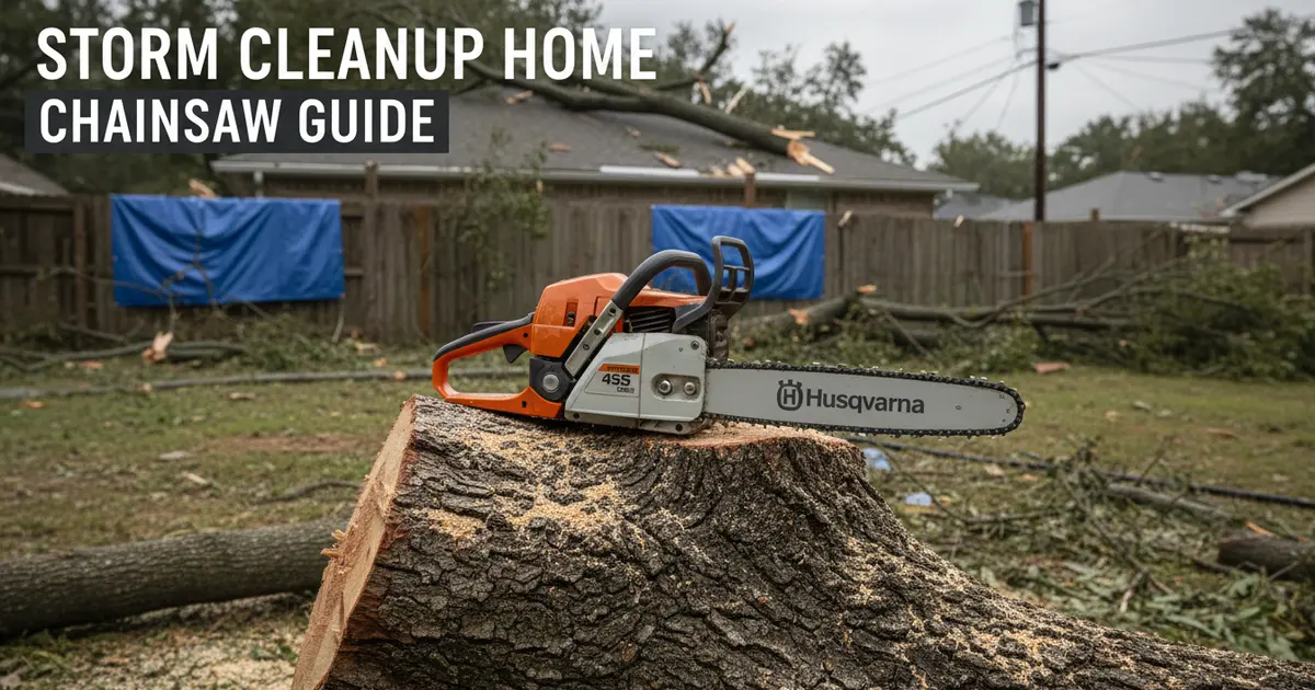 A heavy-duty prosumer chainsaw resting on a fallen oak log after a storm