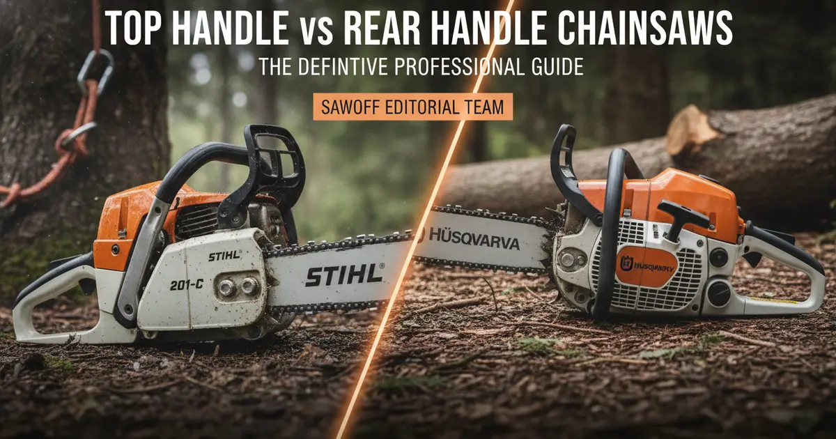 A professional arborist comparing a top handle climbing saw and a rear handle felling saw